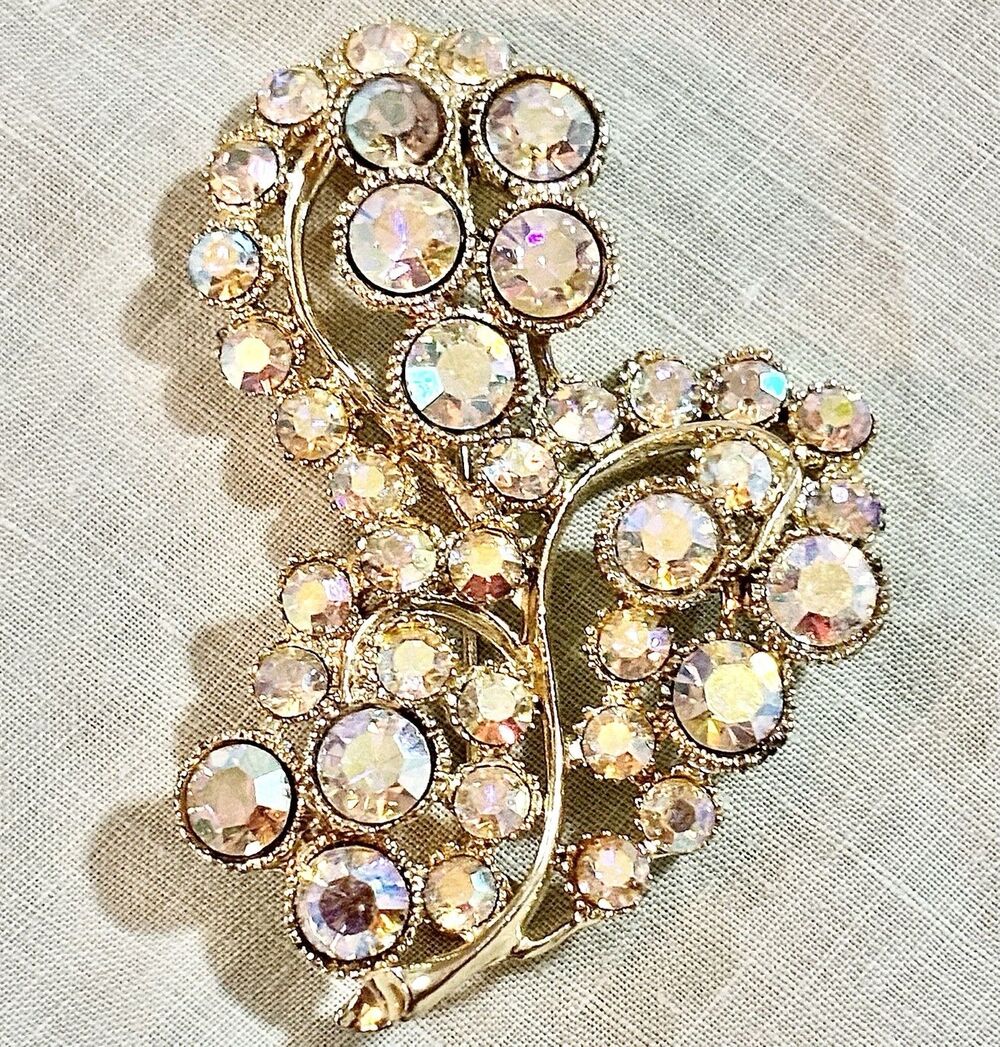 Vintage Signed BSK Aurora Borealis Rhinestone Brooch Gold Statement Pin 1950s